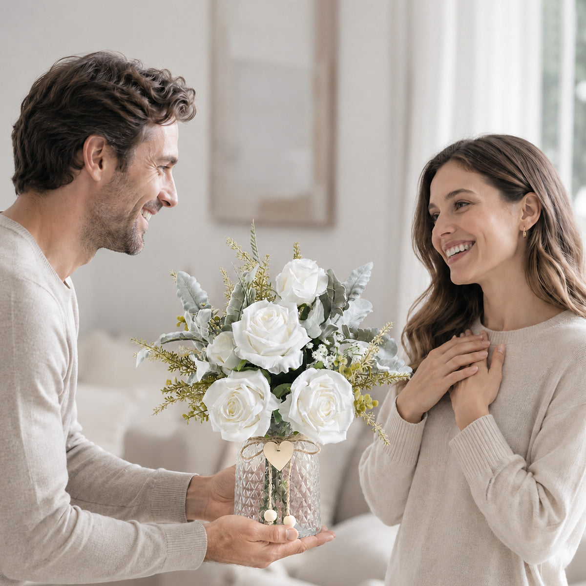 Faux Flowers with Vase for Wedding Living Room Office Decor, Dining Table Centerpiece, Gifts for Women