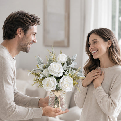 Faux Flowers with Vase for Wedding Living Room Office Decor, Dining Table Centerpiece, Gifts for Women