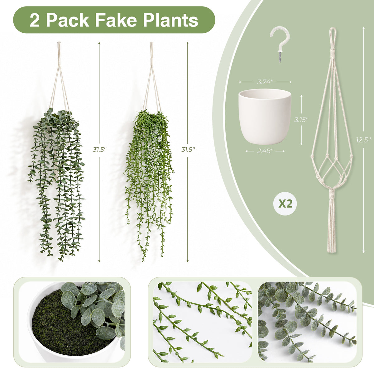 Artificial Hanging Plants, 2 Pack Macrame Plant Hanger with Pots