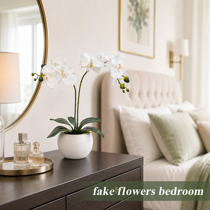 Artificial Flowers Indoor, White Fake Orchid in Pot