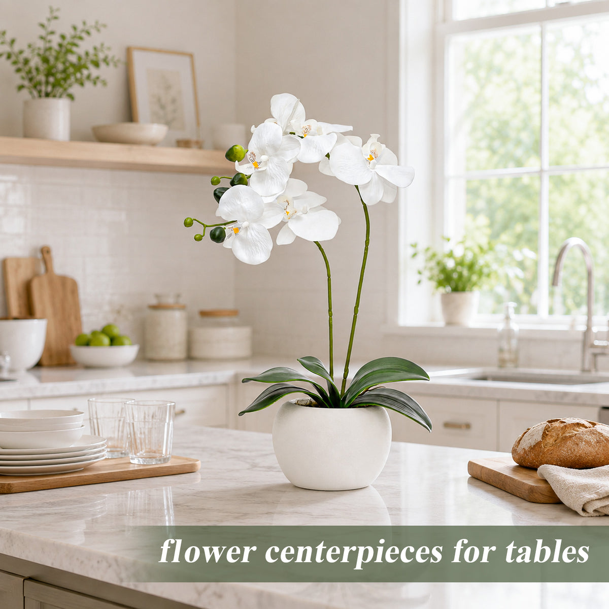 Artificial Flowers Indoor, White Fake Orchid in Pot
