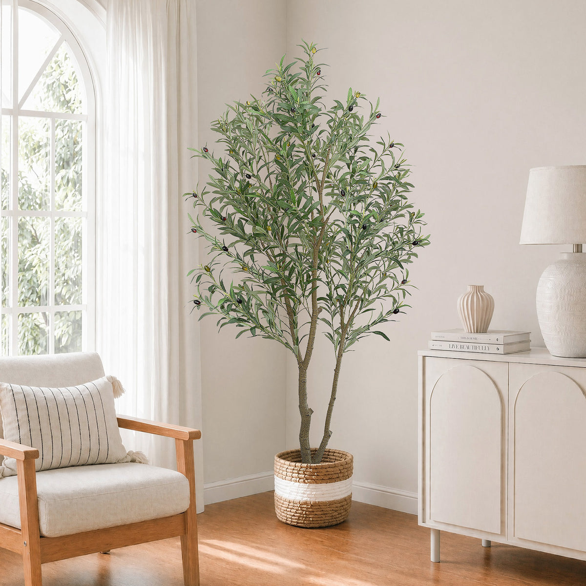 Faux Olive Trees Indoor, 7FT Tall Fake Olive Tree with Black Planter