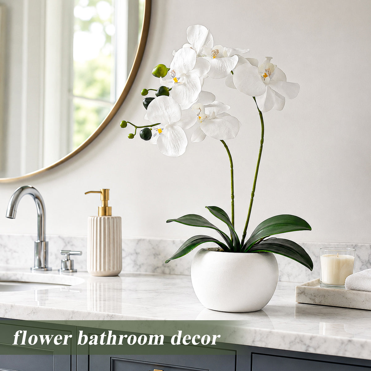 Artificial Flowers Indoor, White Fake Orchid in Pot
