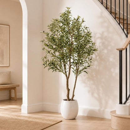 Faux Olive Trees Indoor, 7FT Tall Fake Olive Tree with Black Planter