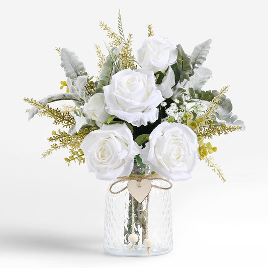 Faux Flowers with Vase for Wedding Living Room Office Decor, Dining Table Centerpiece, Gifts for Women